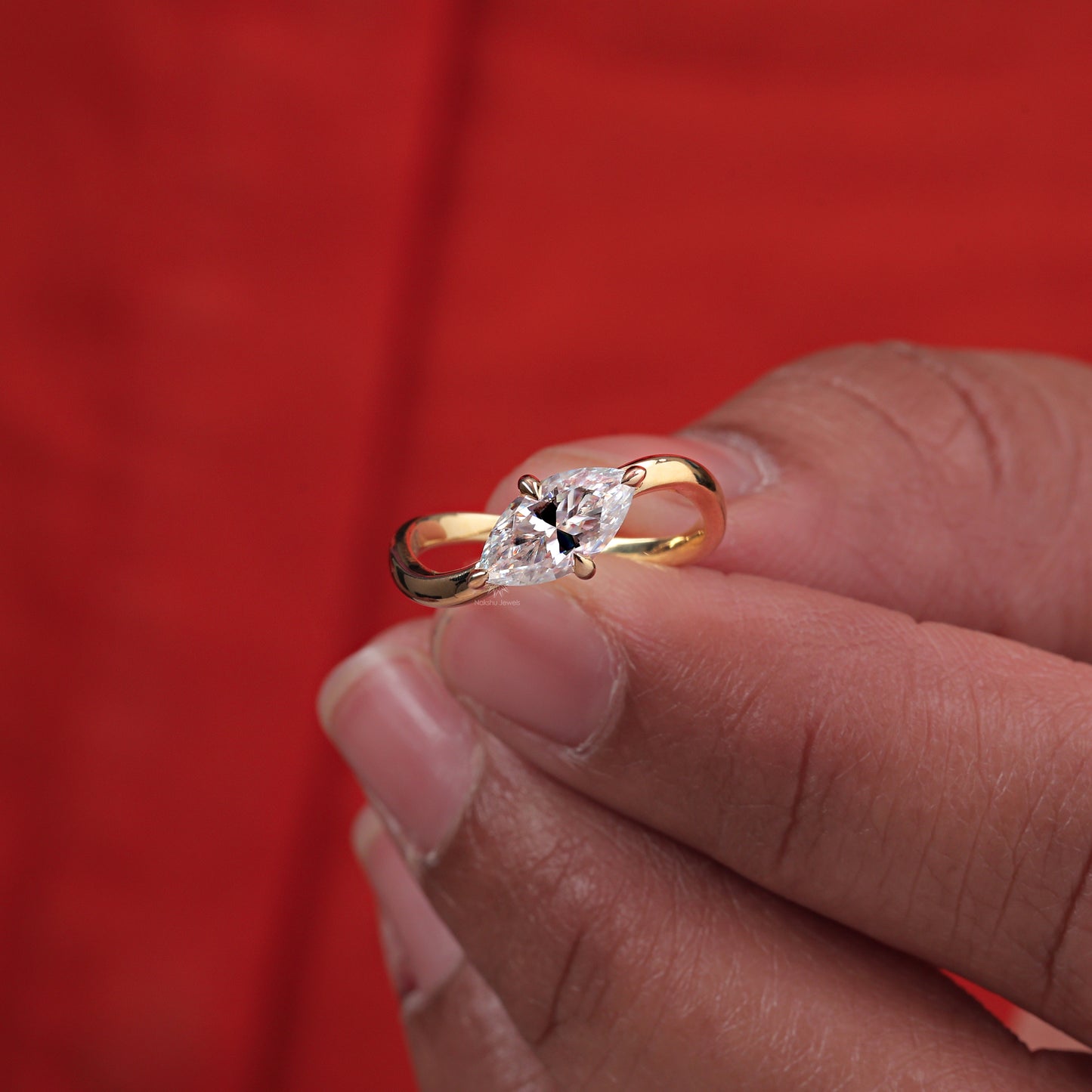 East West Marquise Cut Moissanite Solitaire Bypass Engagement Wedding Ring