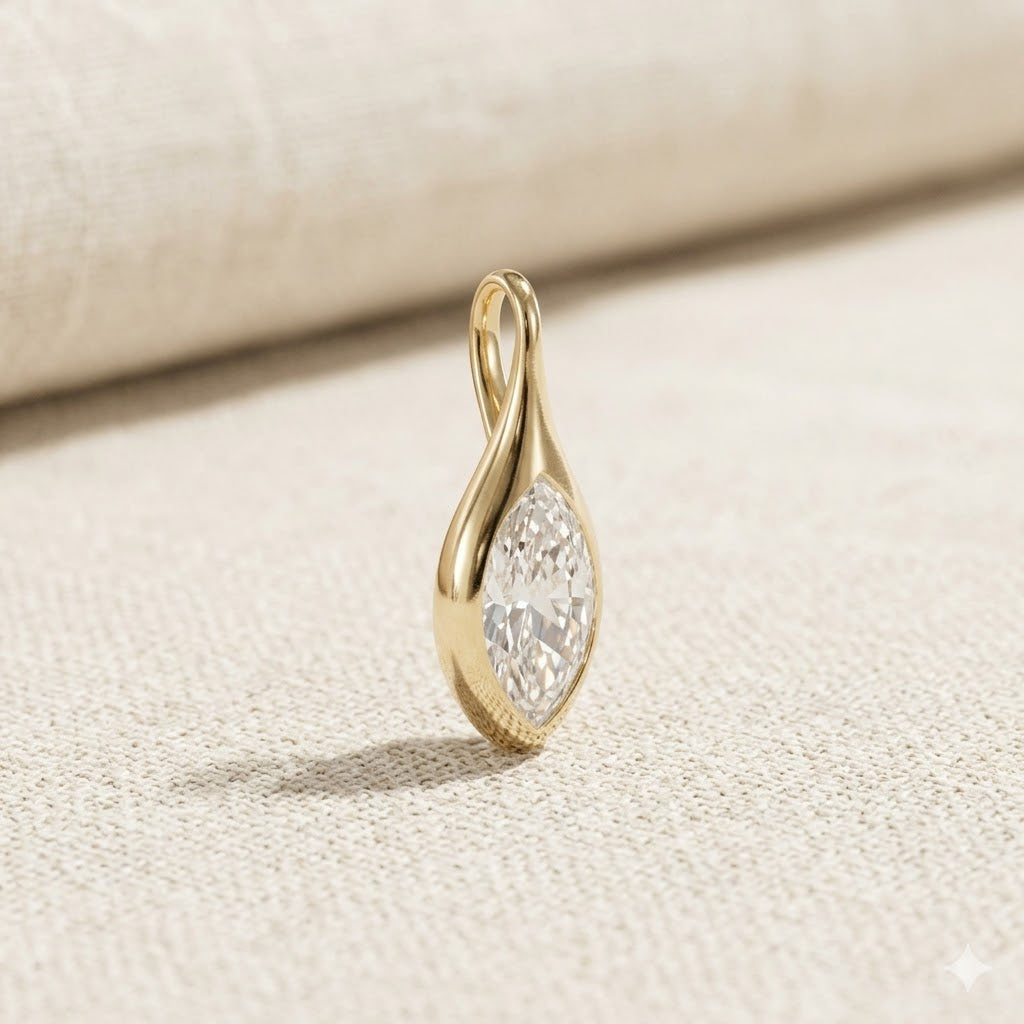 14K Solid Gold Marquise Cut Moissanite Bezel Set Solitaire Pendant For Women and Girls