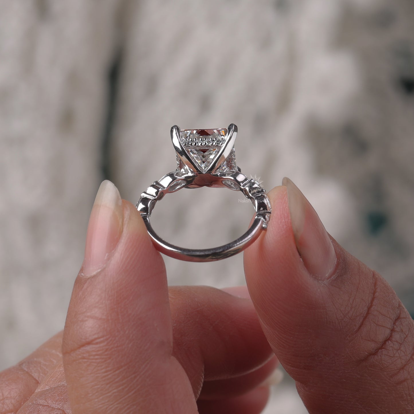 Princess Cut Moissanite Engagement Ring, White Gold Bubble Band Stacking Wedding Ring