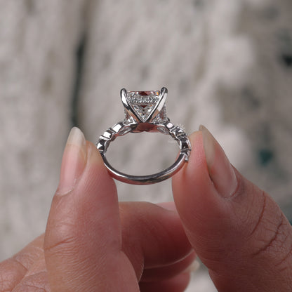 Princess Cut Moissanite Engagement Ring, White Gold Bubble Band Stacking Wedding Ring