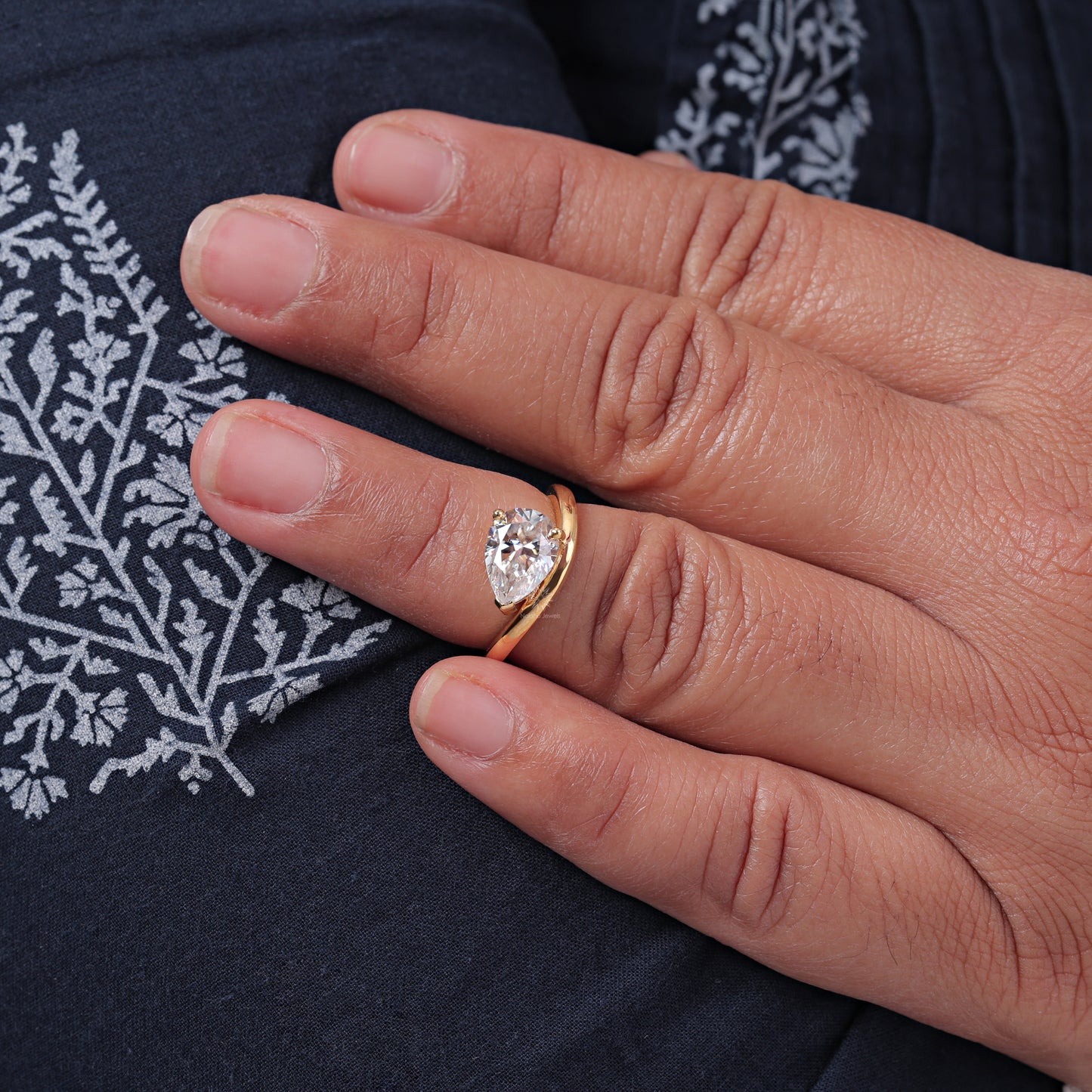 East West Pear Cut Moissanite Curved Engagement Ring In 14K Yellow Gold Wedding Wave Ring For Women