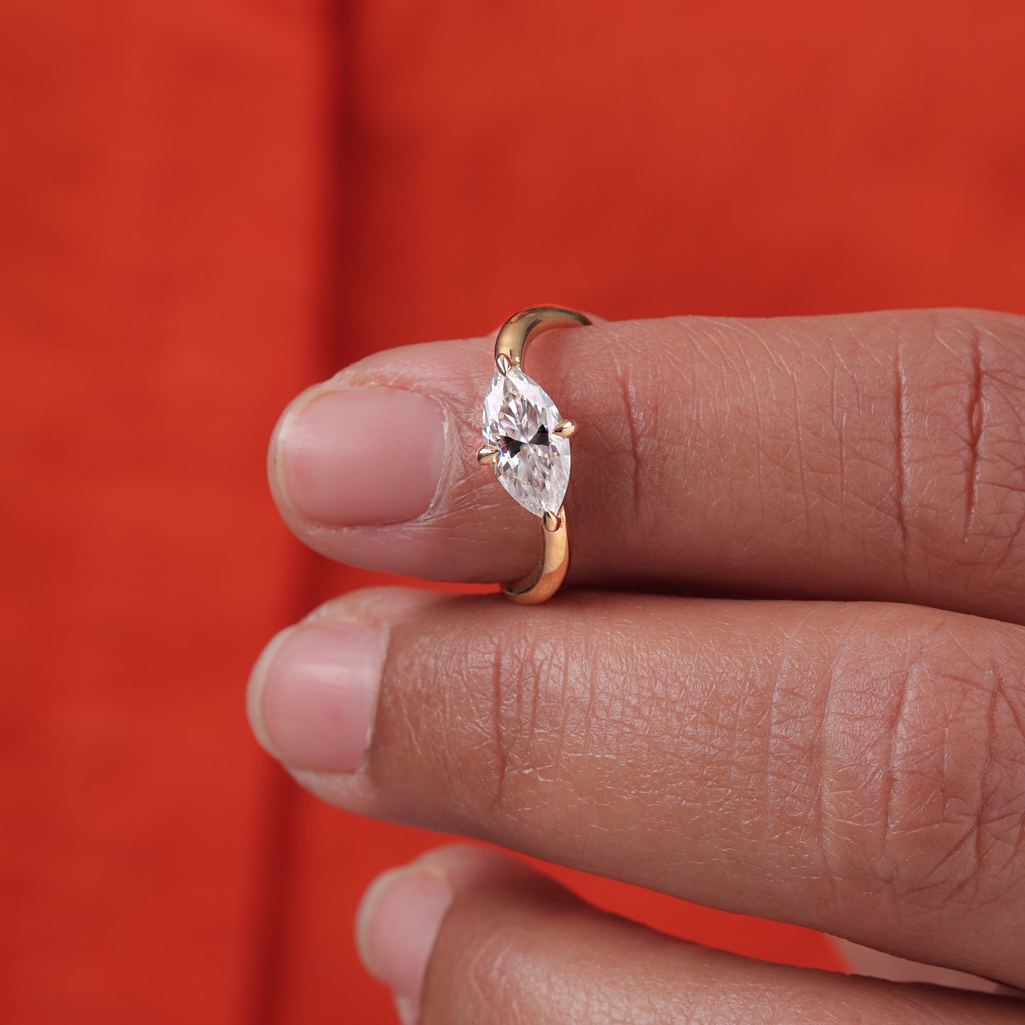 East West Marquise Cut Moissanite Solitaire Bypass Engagement Wedding Ring