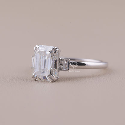 Emerald Cut Moissanite Three Stone Engagement Ring, 14K Gold 3 Stone Wedding Ring For Women