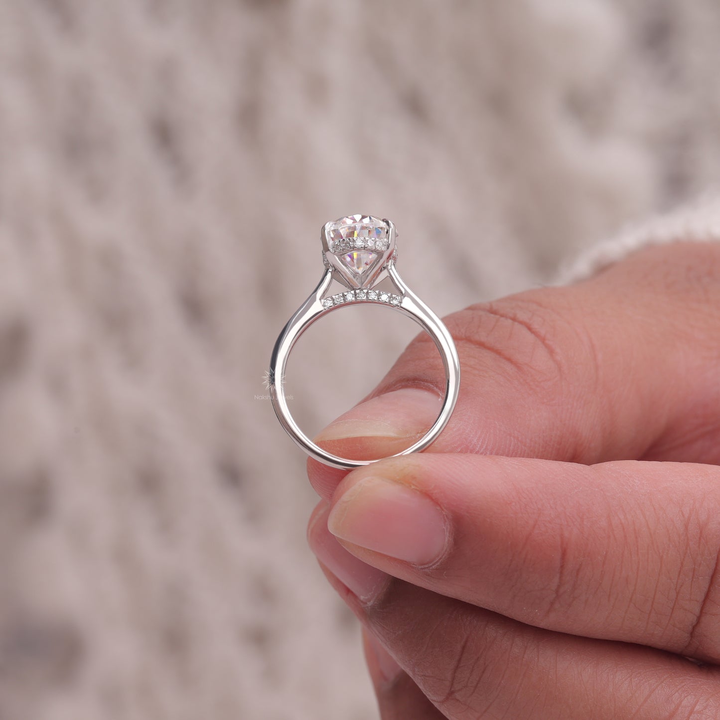 Solitaire Oval Cut Moissanite  Hidden Halo Engagement Ring In Solid Gold In Cathedral Setting Ring