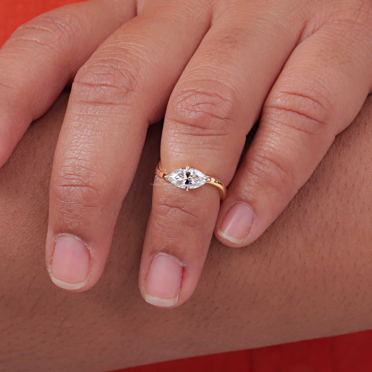 East West Marquise Cut Moissanite Solitaire Bypass Engagement Wedding Ring