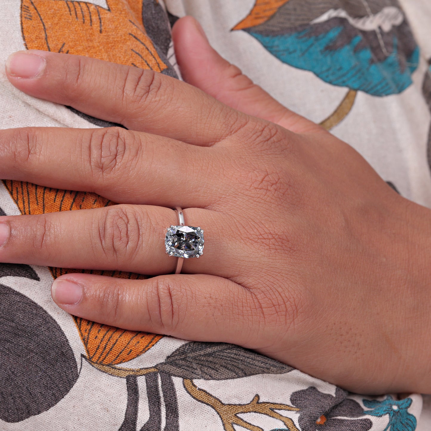 Elongated Cushion Cut Grey Moissanite Engagement Ring Hidden Halo Wedding Rings Unique Double Claw Prongs Setting Diamond