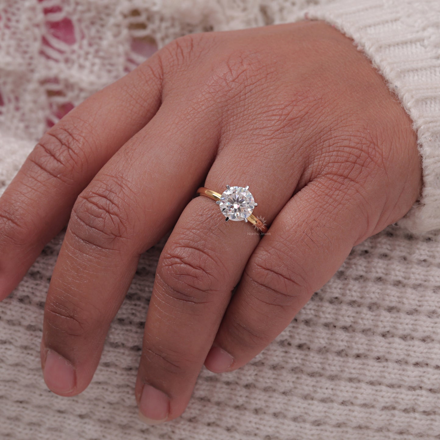Brilliant Round Cut Moissanite Six Prong Engagement Ring In 14K Solid Gold