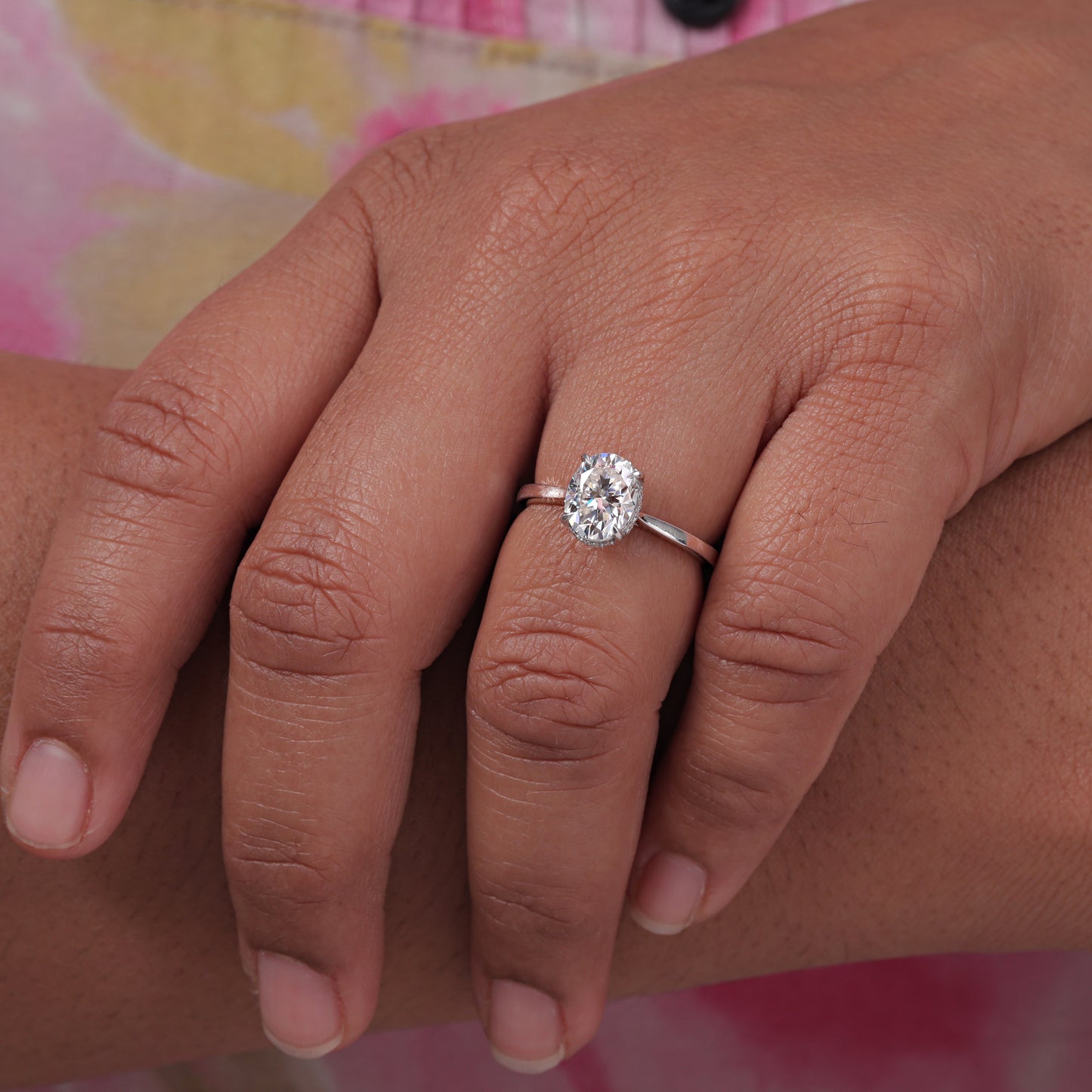 Hidden Halo Oval Cut Moissanite Solitaire Engagement Wedding Ring For Women