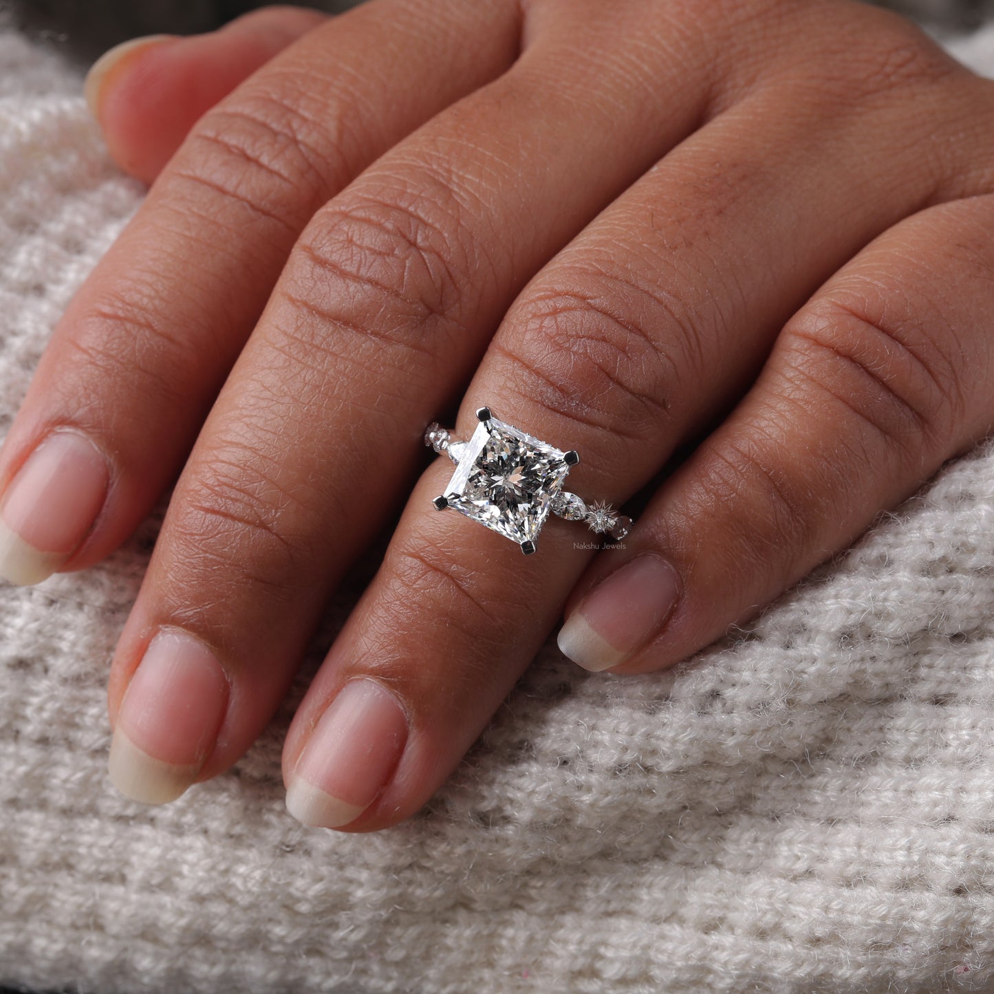 Princess Cut Moissanite Engagement Ring, White Gold Bubble Band Stacking Wedding Ring