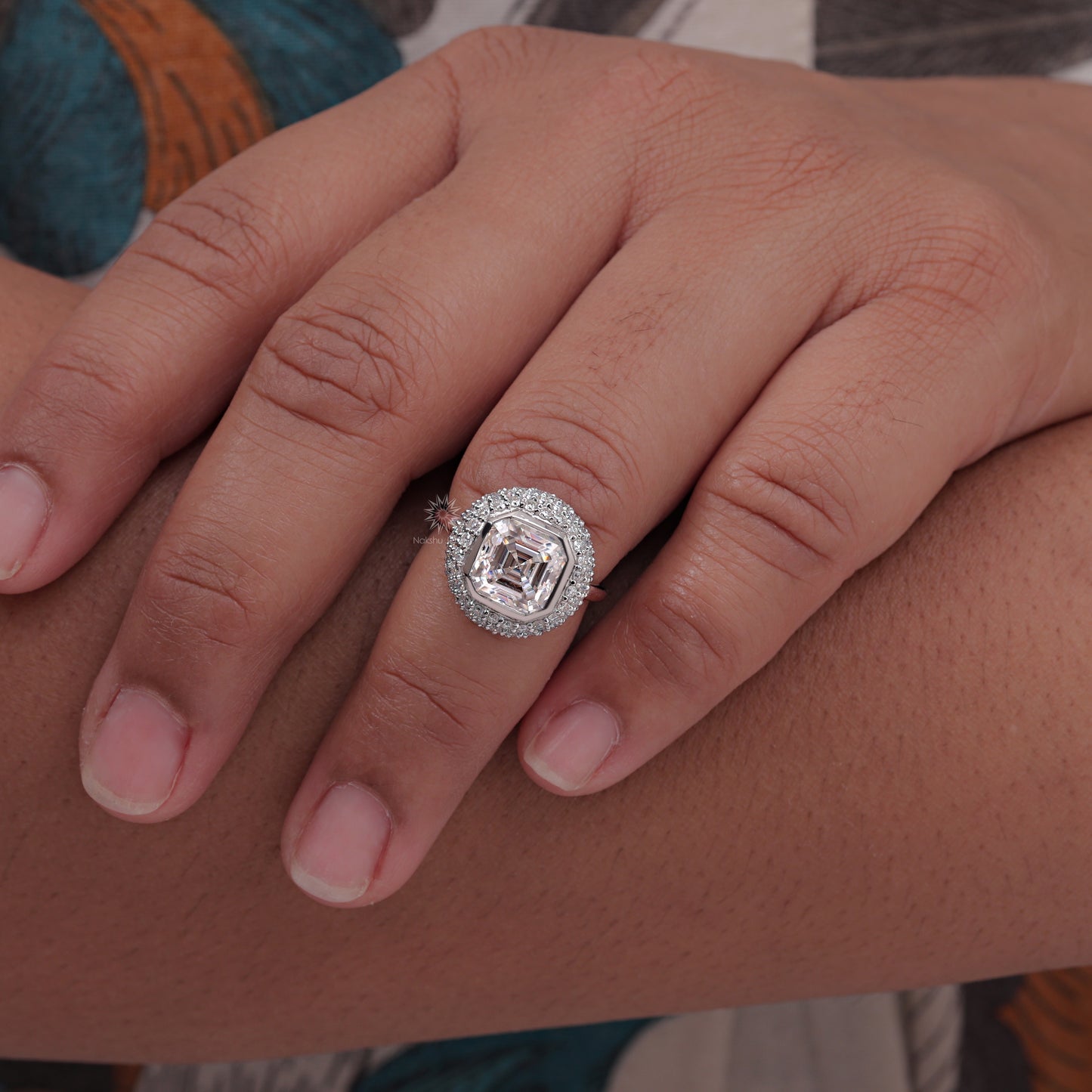 Stunning Bezel Set Asscher Cut Moissanite Pave Dome Engagement Ring