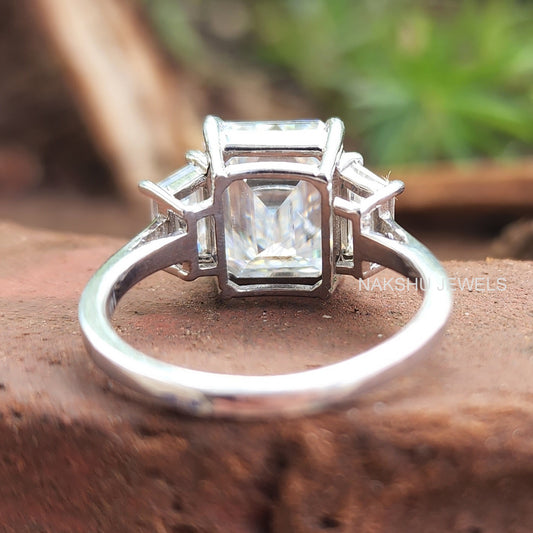 Emerald Cut With Trapezoid Classic Moissanite 3 Stones Engagement Ring