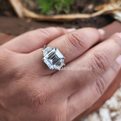 4CT Emerald Cut With Trapezoid Classic Moissanite 3 Stones Engagement Ring