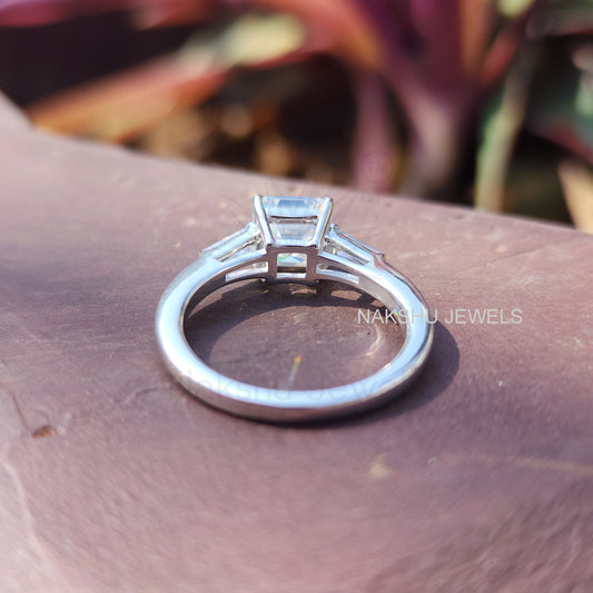 Asscher Cut With Tapered Baguette Classic Three Stone Moissanite Engagement Ring