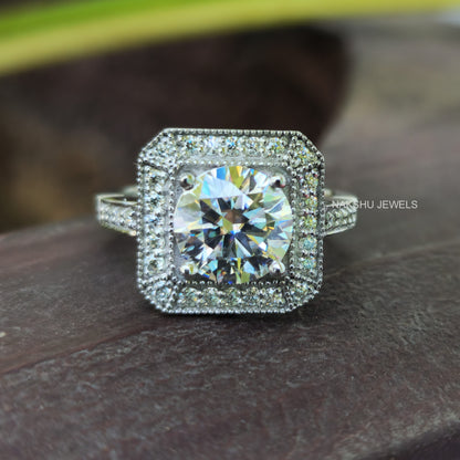 3CT Round Diamond Ring, Vintage Style Halo Milgrain Engagement Ring