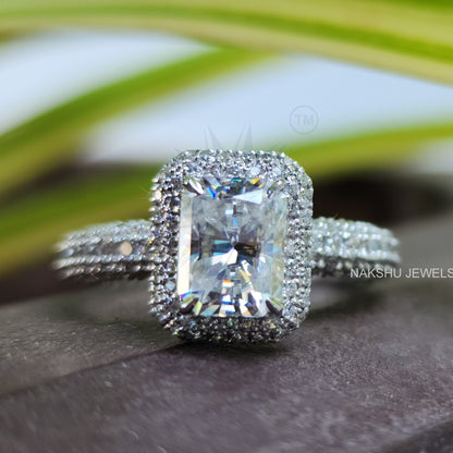 3 CT Radiant Cut Double Halo Moissanite Ring 14K White Gold Micro Pave Engagement Ring