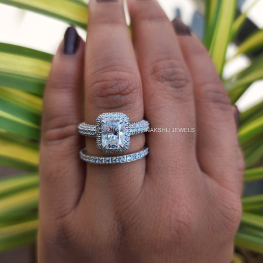 4.30 TCW Radiant Brilliant Cut Double Halo Pave Moissanite Bridal Set