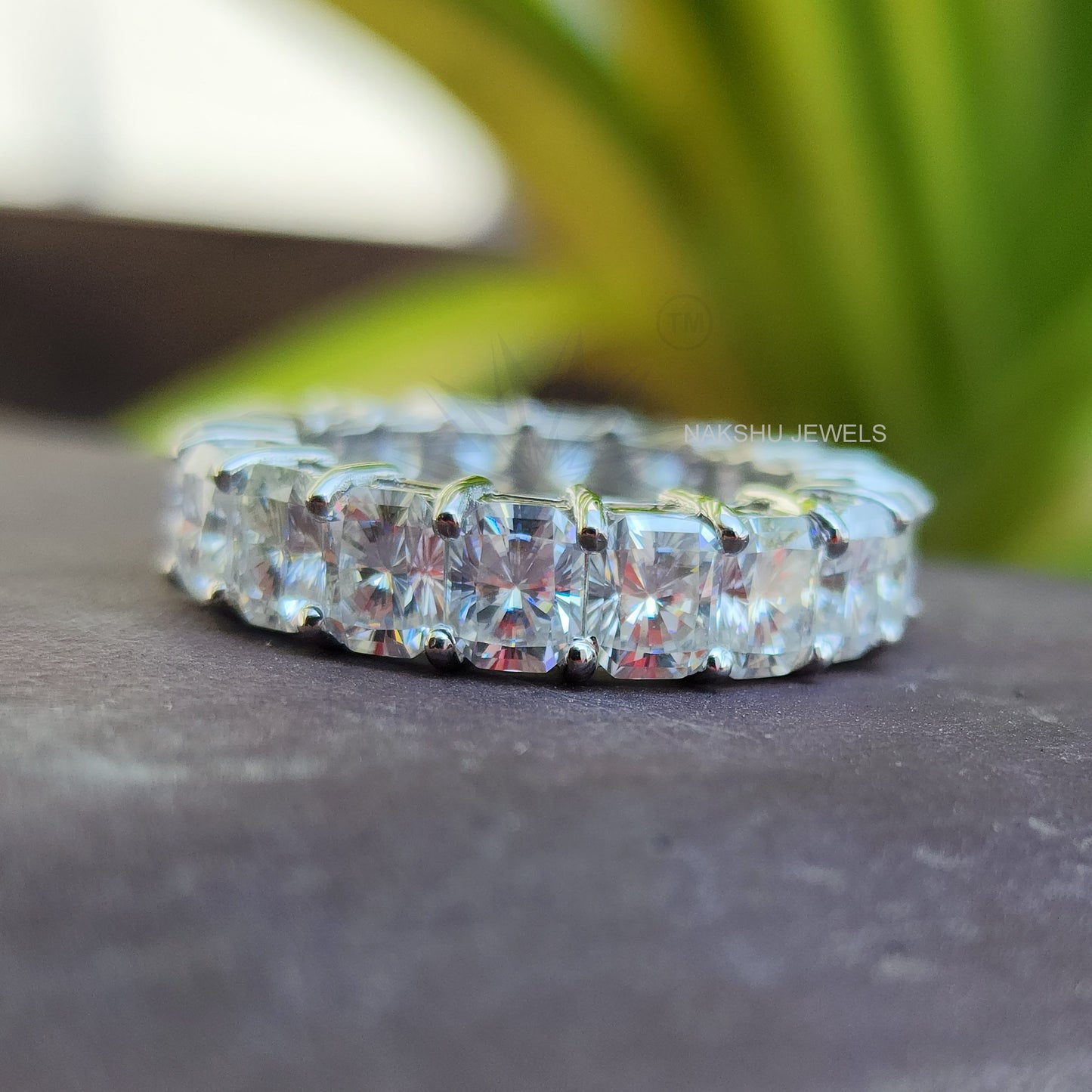 5.0 x 4.0 MM Radiant Cut Moissanite Diamond Full Eternity Wedding Band Engagement Ring