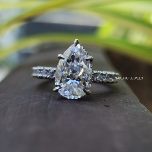 Amazing 3CT Pear Cut Hidden Halo Pave Set Moissanite Engagement Ring