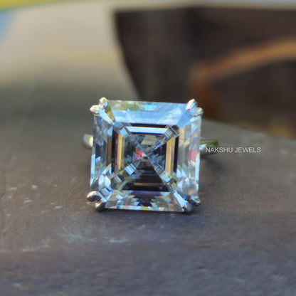 10CT Fantastic Asscher Step Cut Hidden Halo Moissanite Double Claw Prong Engagement Ring