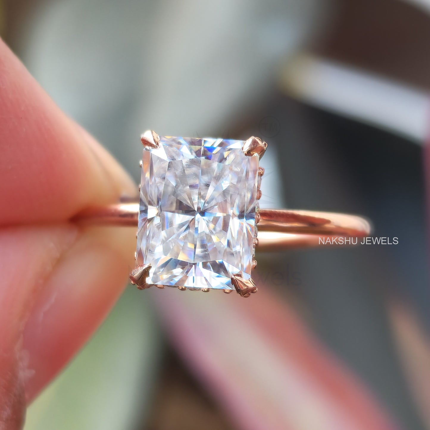 2.5CT Lovely Radiant Cut Rose Gold Hidden Halo Moissanite Wedding Ring