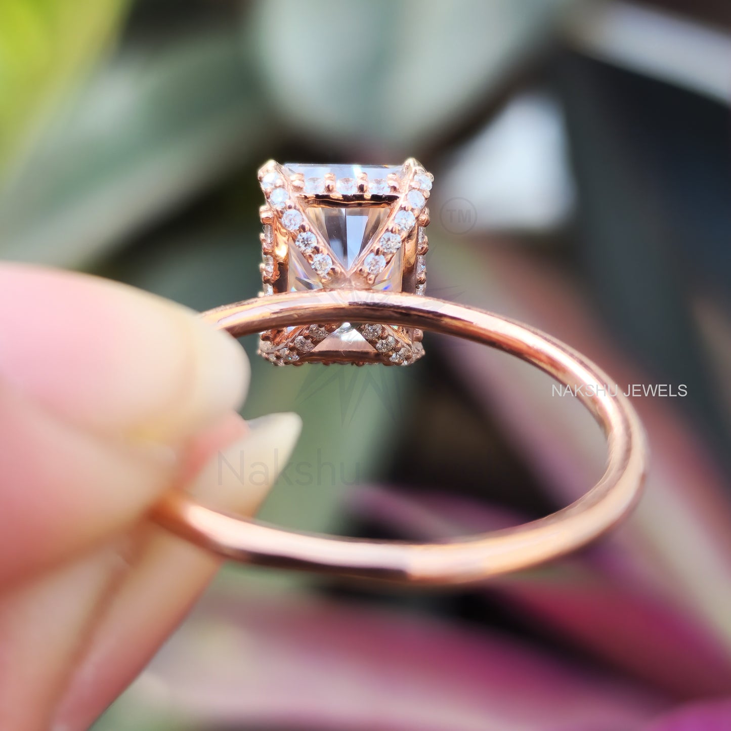 2.5CT Lovely Radiant Cut Rose Gold Hidden Halo Moissanite Wedding Ring