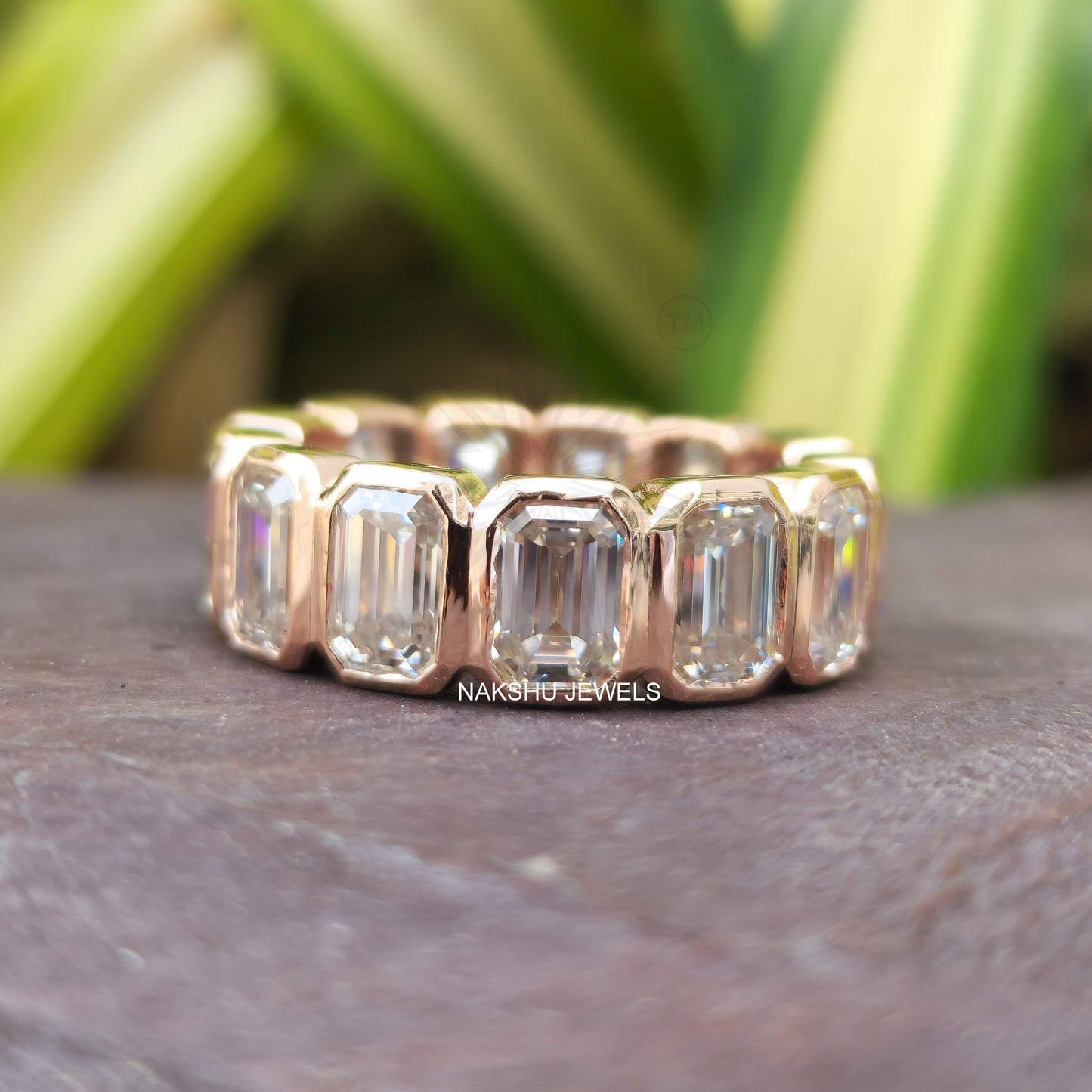6x4 MM Emerald Moissanite Rose Gold Eternity Wedding Stackable Band