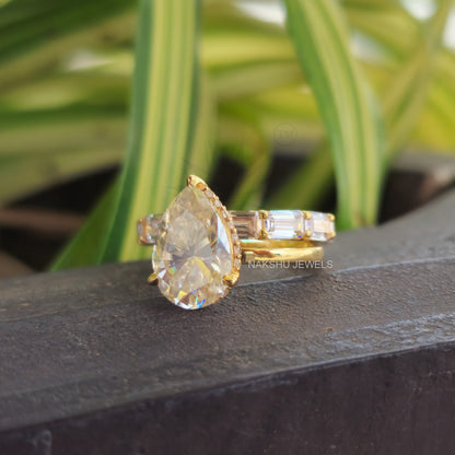 Full Eternity Wedding Sets - 3CT Pear Yellow Gold Hidden Halo Solitaire Ring