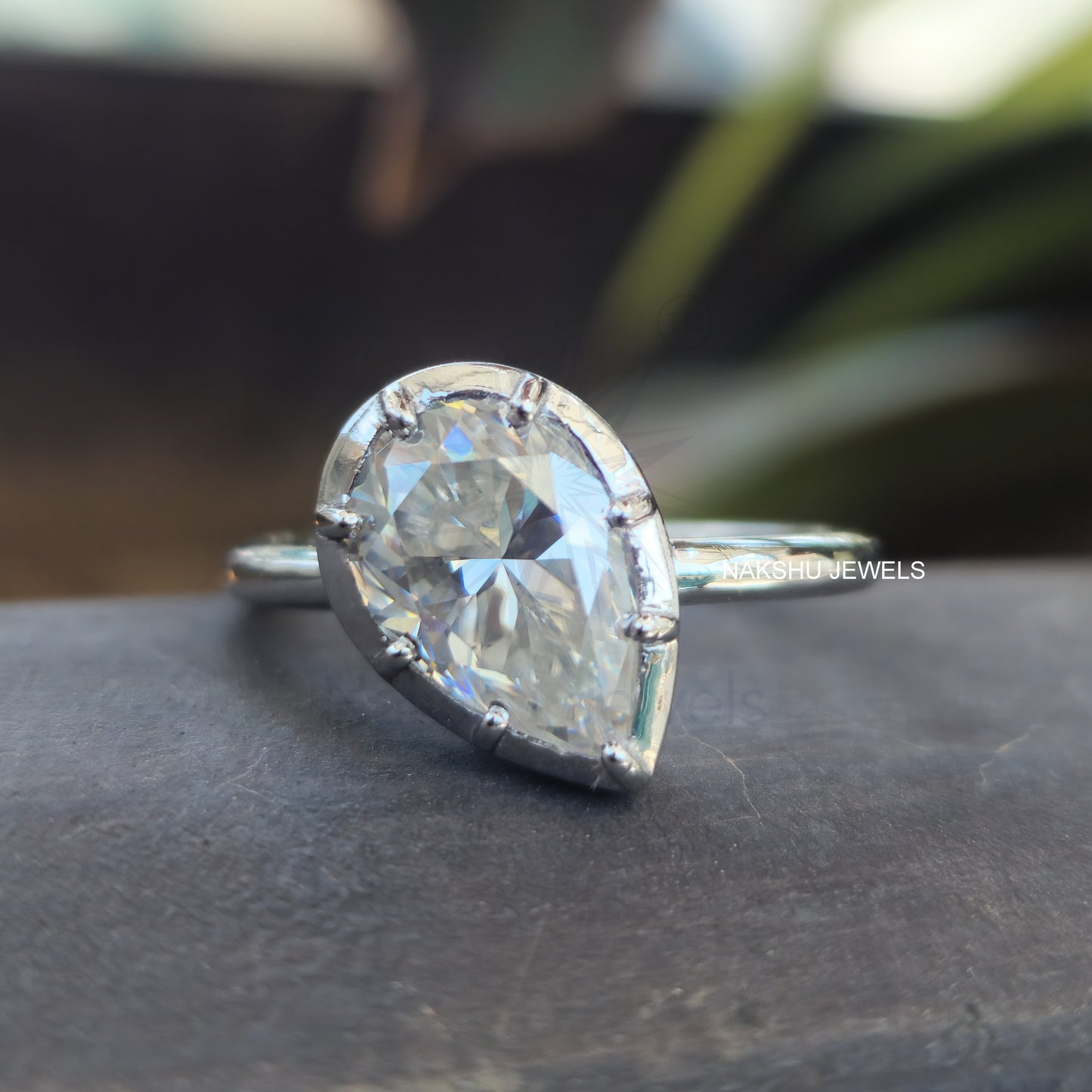 Pear Cut Moissanite Bezel Set Solitaire Engagement Ring