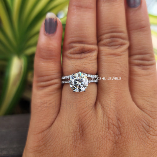 Round Moissanite Pave Engagement Ring Set With Curve-V Shape Band