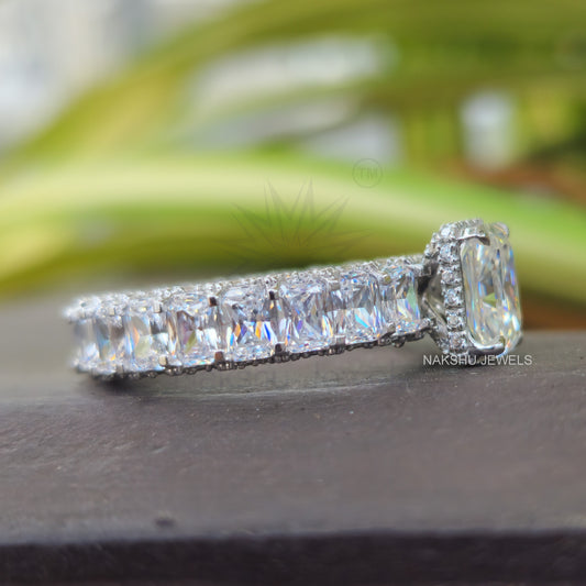 Radiant Cut Moissanite Pave Engagement Ring - Hidden Accent Ring