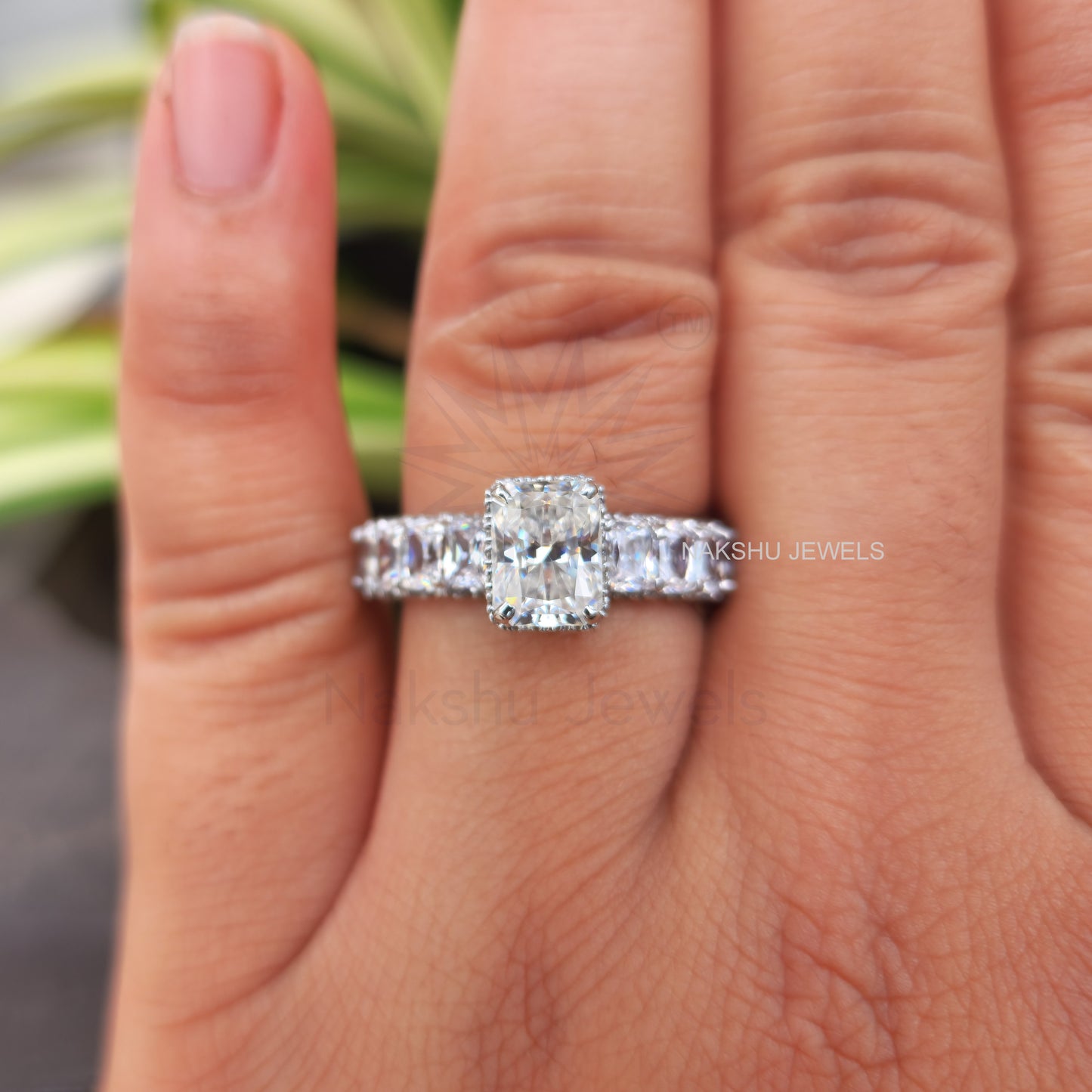 Amazing Lovely Hidden Halo Pave Setting 2CT Radiant Cut Moissanite Engagement Ring