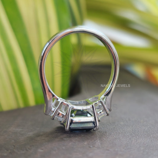Blue Asscher Cut Moissanite With Side Cadillac 3 Stone Engagement Ring