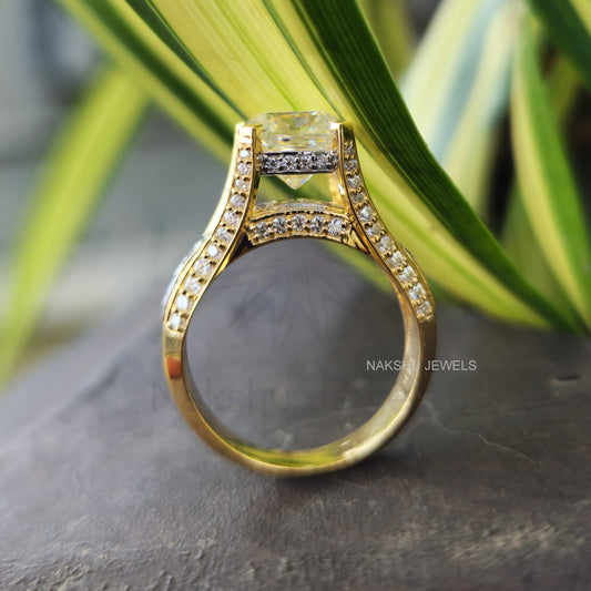 Cushion Cut Moissanite Hidden Halo Pave Engagement Ring