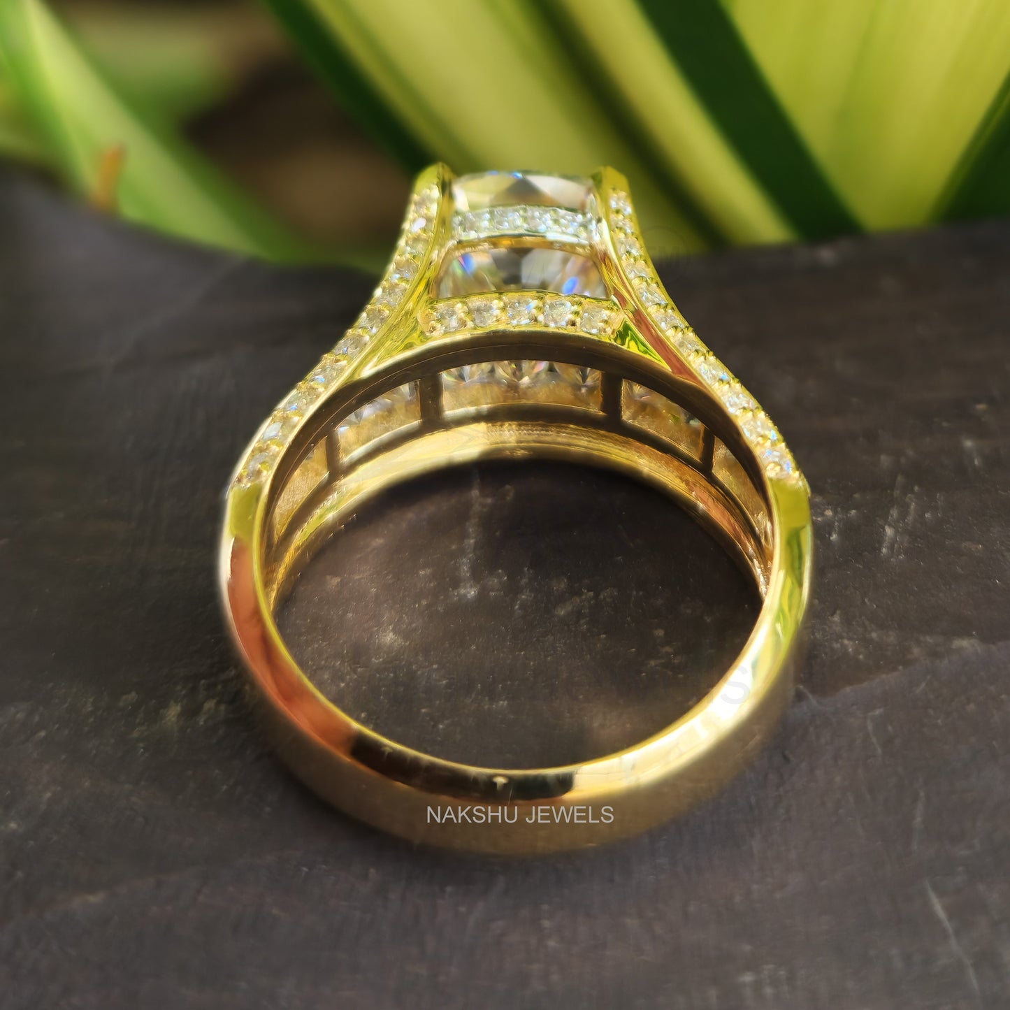 3CT Cushion Cut Yellow Gold Moissanite Hidden Halo Engagement Ring