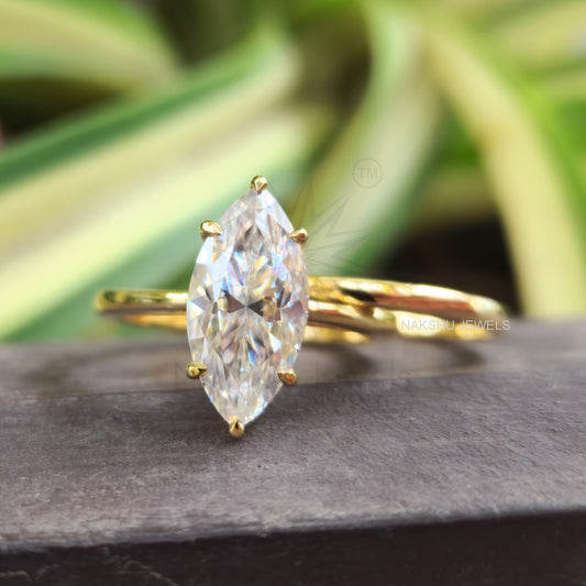 Classic 3 Carat Marquise Cut Solitaire Yellow Gold Moissanite Engagement Ring