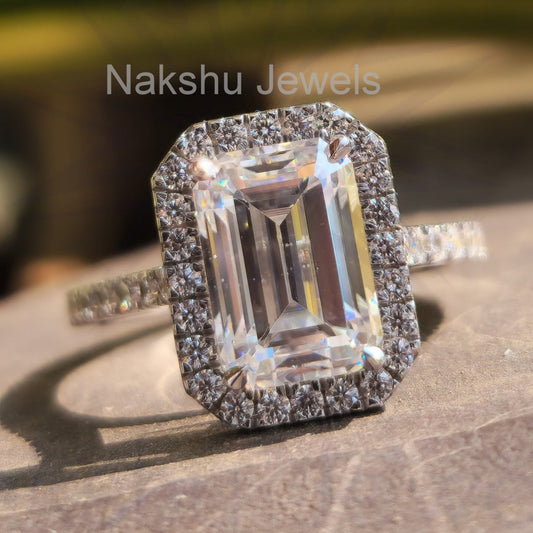 Emerald Cut Moissanite Halo Pave Engagement Ring
