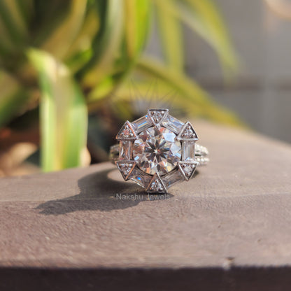 Antique Vintage Round Baguette Moissanite Engagement Ring