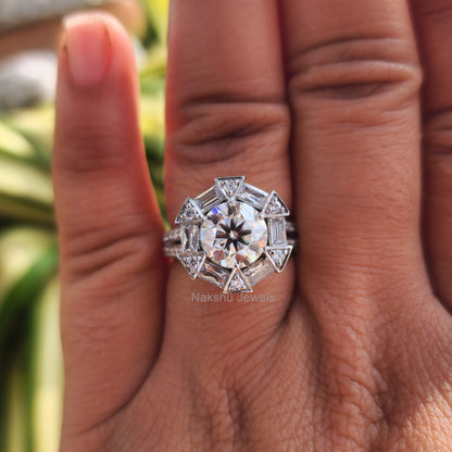 Antique Vintage Round Baguette Moissanite Engagement Ring