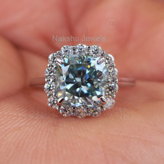 Light Blue Cushion Cut Moissanite Halo Engagement Ring