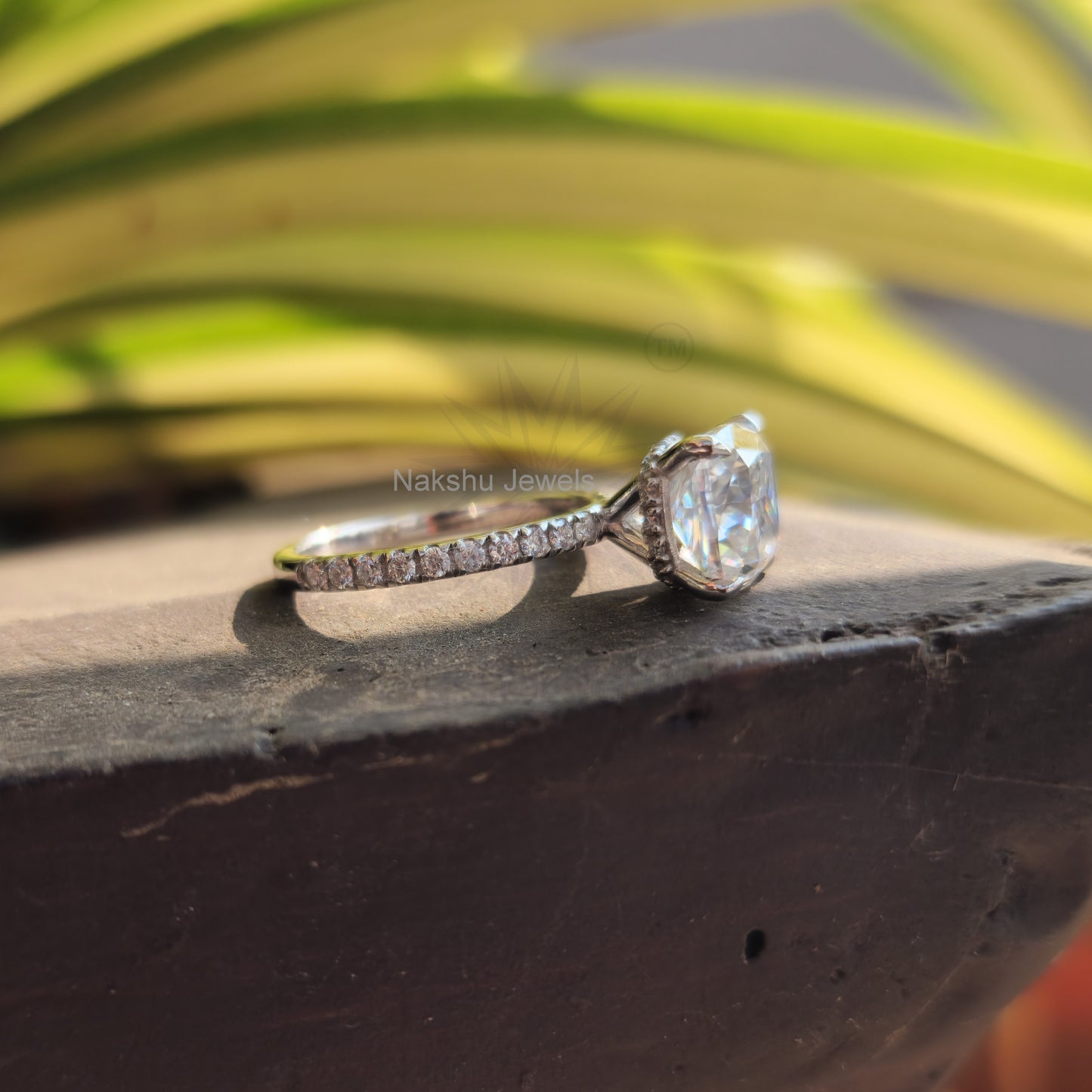 Crushed Ice Cushion Cut Moissanite Engagement Ring