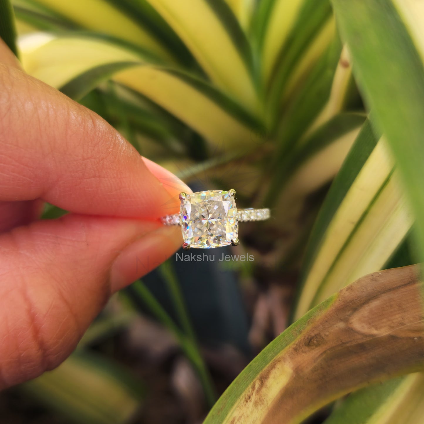 Crushed Ice Cushion Cut Moissanite Engagement Ring