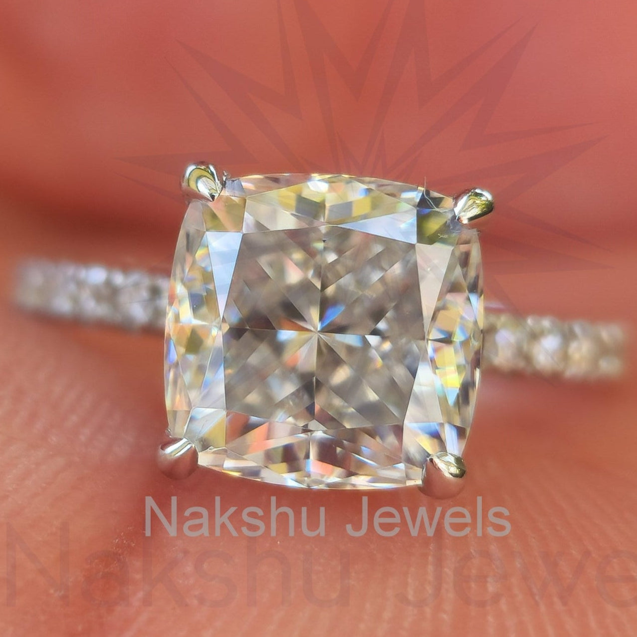 Crushed Ice Cushion Cut Moissanite Engagement Ring