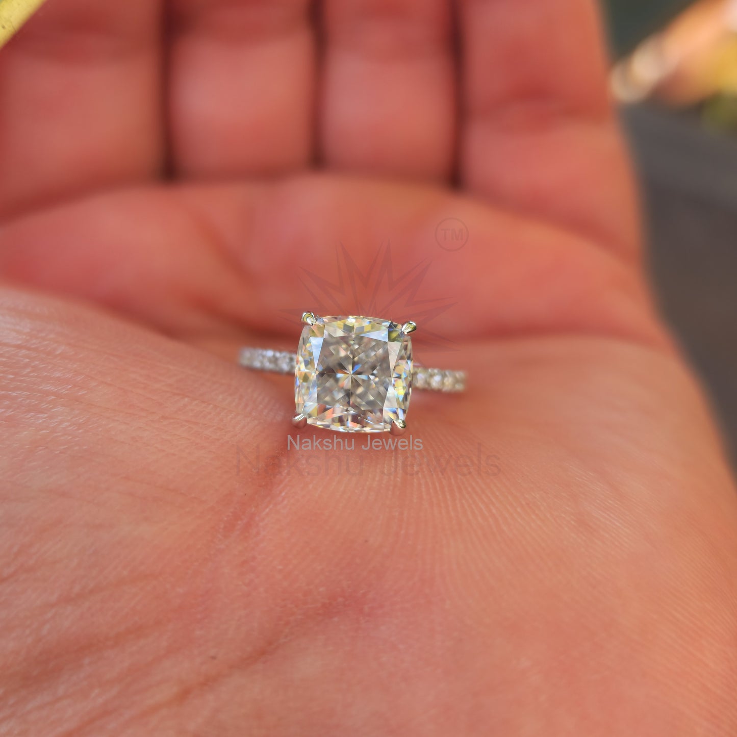 Crushed Ice Cushion Cut Moissanite Engagement Ring