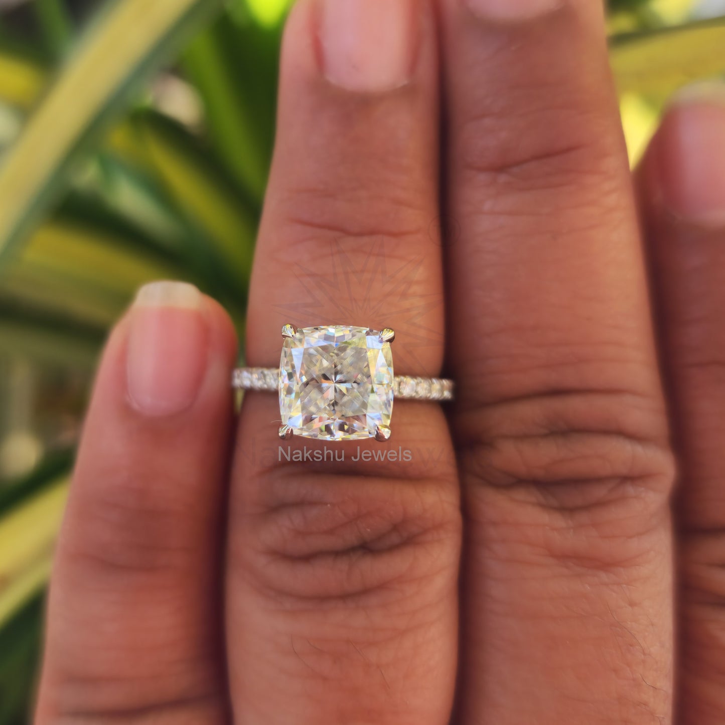 Crushed Ice Cushion Cut Moissanite Engagement Ring