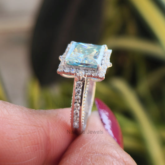 Light Blue Princess Cut Moissanite Halo Engagement Ring
