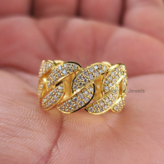 2mm Cuban Link Ring Brilliant Round Colorless Moissanite Iced Out Gold and Silver Diamond Ring, Hip Hop Wedding Jewelry For Men