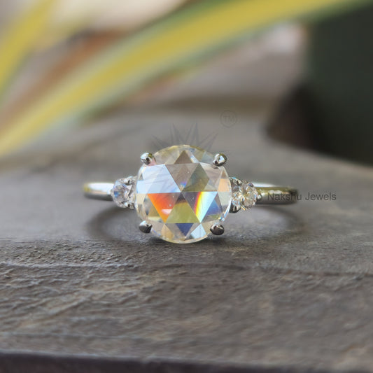 Round Rose Cut Moissanite Engagement Ring, Three Stone Design