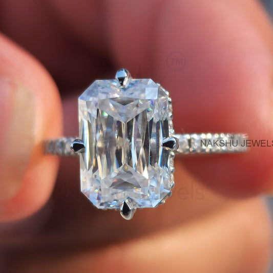 Criss Cut Moissanite Hidden Halo Engagement Ring