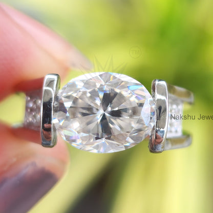 East West Oval Brilliant Cut Unique Euro Shank Moissanite Engagement Ring