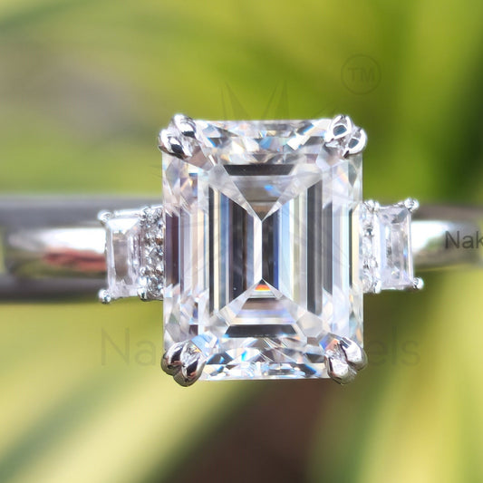 Emerald Cut Moissanite Three Stone Engagement Ring